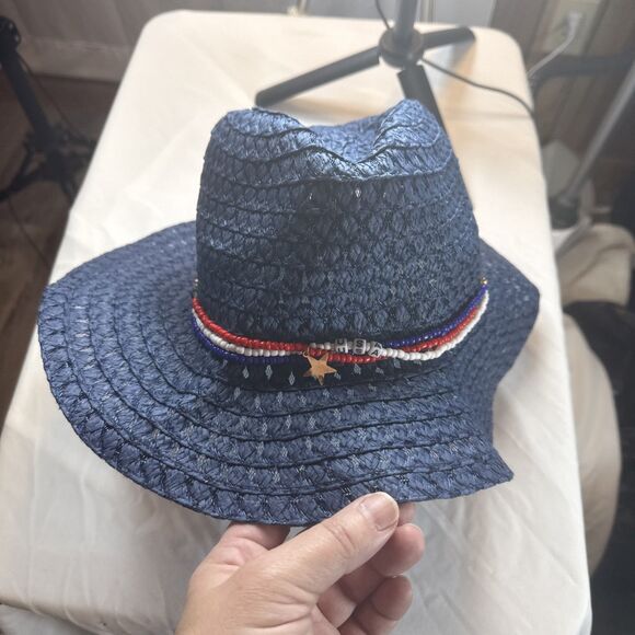 SHEIN Navy Blue Straw Hat Red White And Blue Bead Accents USA NWOT - Picture 3 of 12